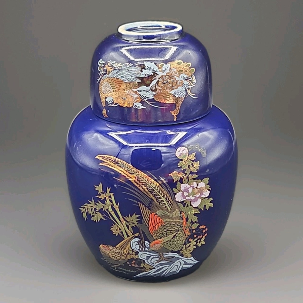 Vintage Japanese Cobalt Blue Nesting Ginger Jar Tea Set Pheasant Gold 3pc